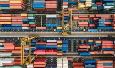 An aerial view of shipping containers