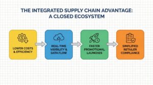 A logistics control room with a large screen displaying a unified WMS dashboard, showing real-time inventory counts, co-pack work order status, and transportation schedules.
