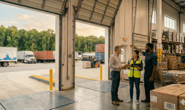 Logistics team at a loading dock reviewing digital inventory near shipping containers and transport trucks.