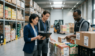 A warehouse team uses a tablet to track food inventory labels and pallets for digital traceability and compliance.