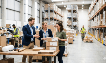 Logistics team reviewing co-packing services at a packaging workstation in a food-grade warehouse facility