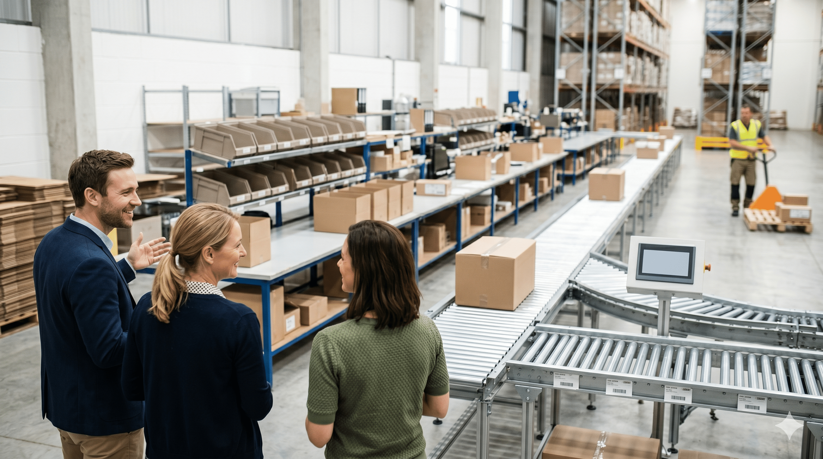 Business team touring a co-packing facility with conveyor belt system and secondary packaging assembly stations