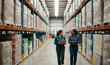 Two logistics professionals reviewing inventory in a food-grade warehouse, discussing FTZ tariff management strategy
