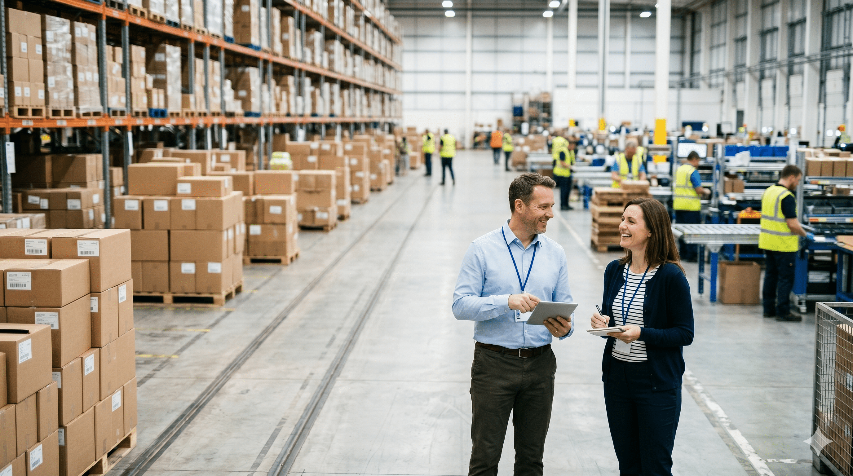 Two logistics professionals reviewing inventory in a food-grade warehouse, discussing FTZ tariff management strategy