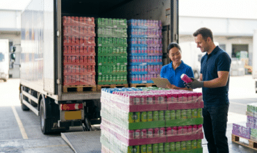 Logistics team verifying beverage inventory at a distribution dock, with canned drink pallets staged for summer peak season