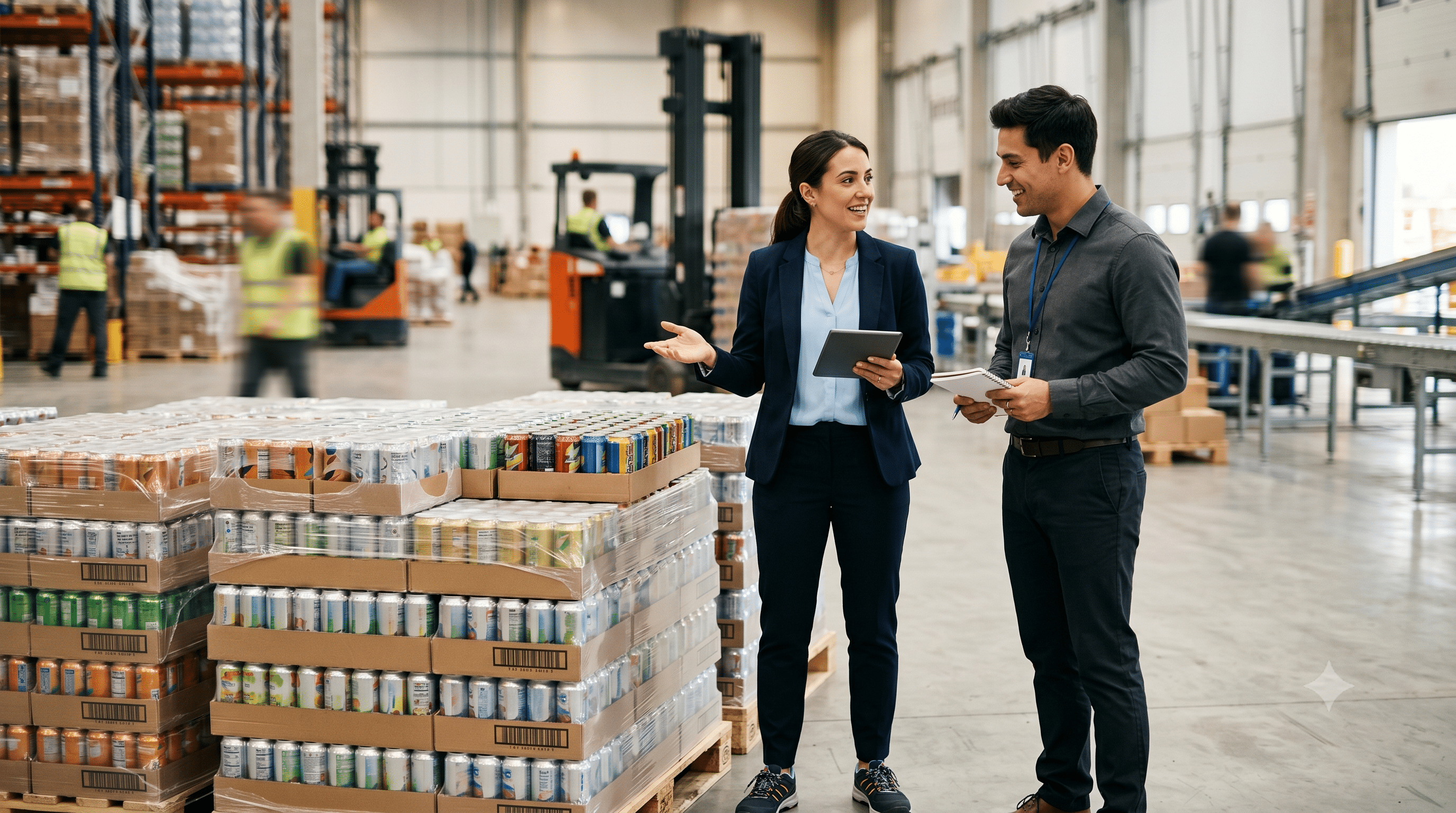 Two logistics professionals reviewing beverage inventory on pallets inside a food-grade distribution facility preparing for summer peak season