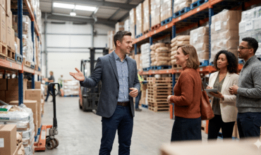 Food and beverage brand team touring a 3PL warehouse facility to evaluate industry expertise and distribution capabilities.