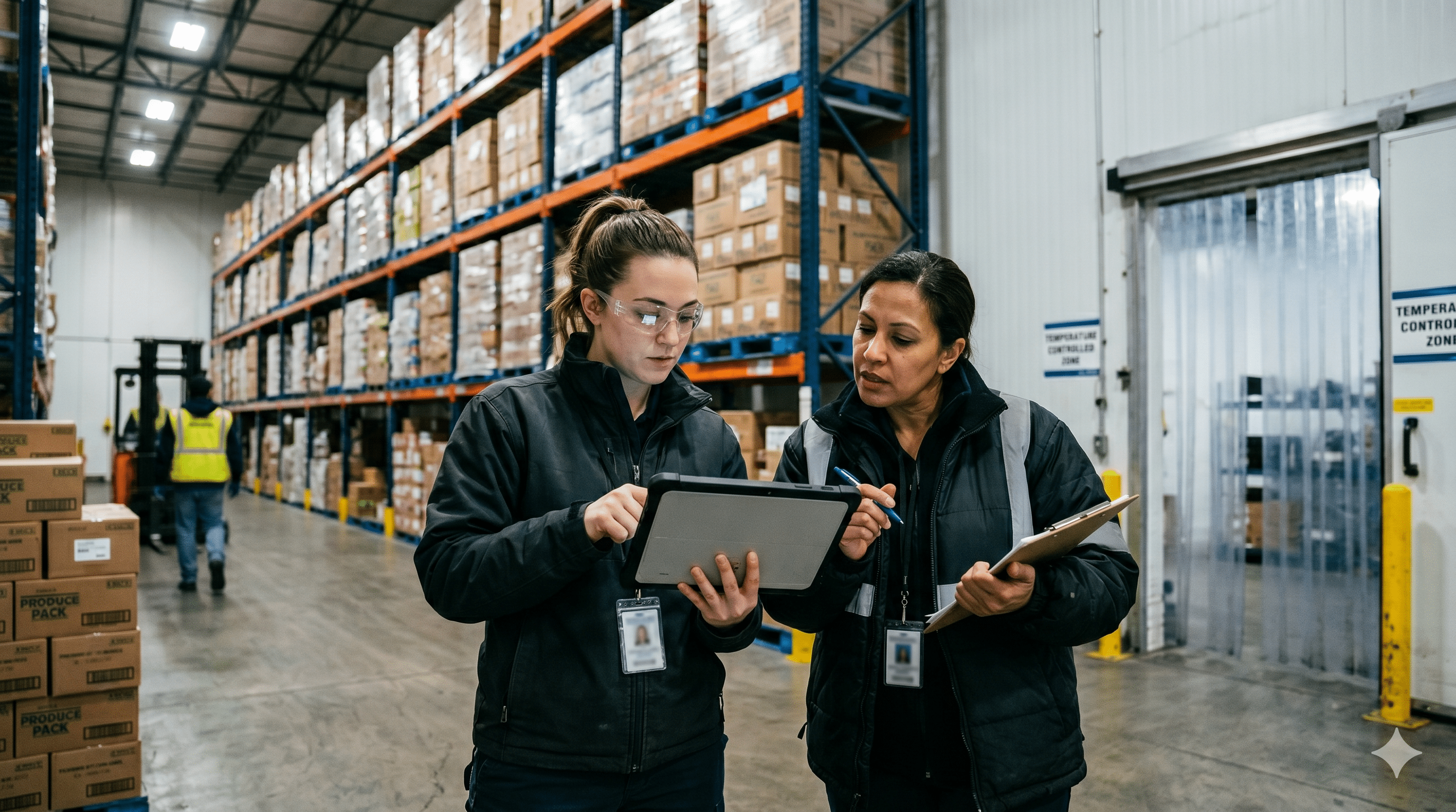 Two 3PL logistics professionals reviewing compliance data inside a temperature-controlled food and beverage warehouse facility.