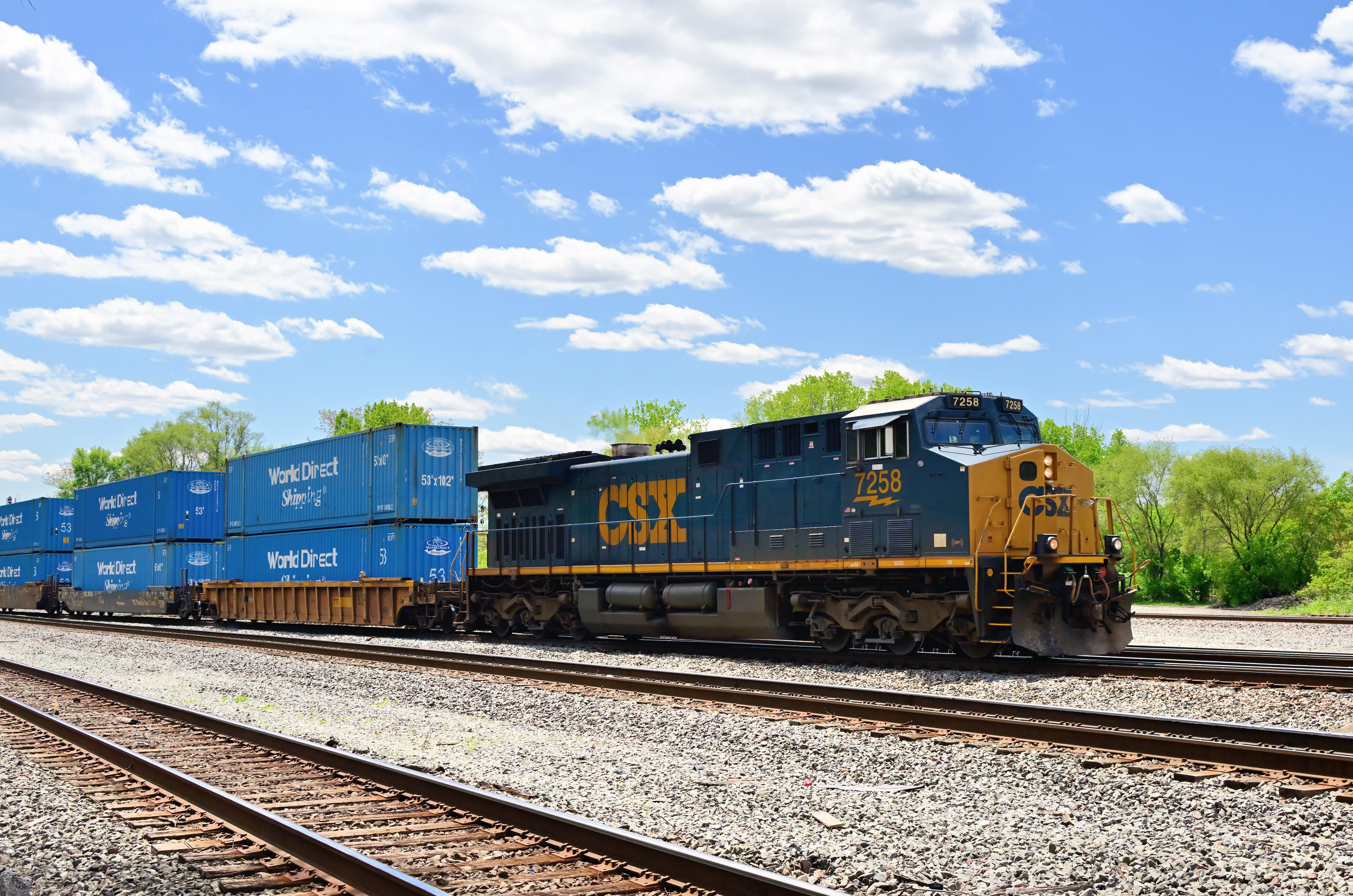 CSX locomotive pulling double-stack intermodal shipping containers on rail through the Southeast United States.