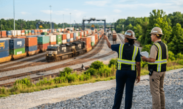 Two logistics supervisors in hi-vis vests review operations at a Southeast intermodal rail yard stacked with shipping containers.