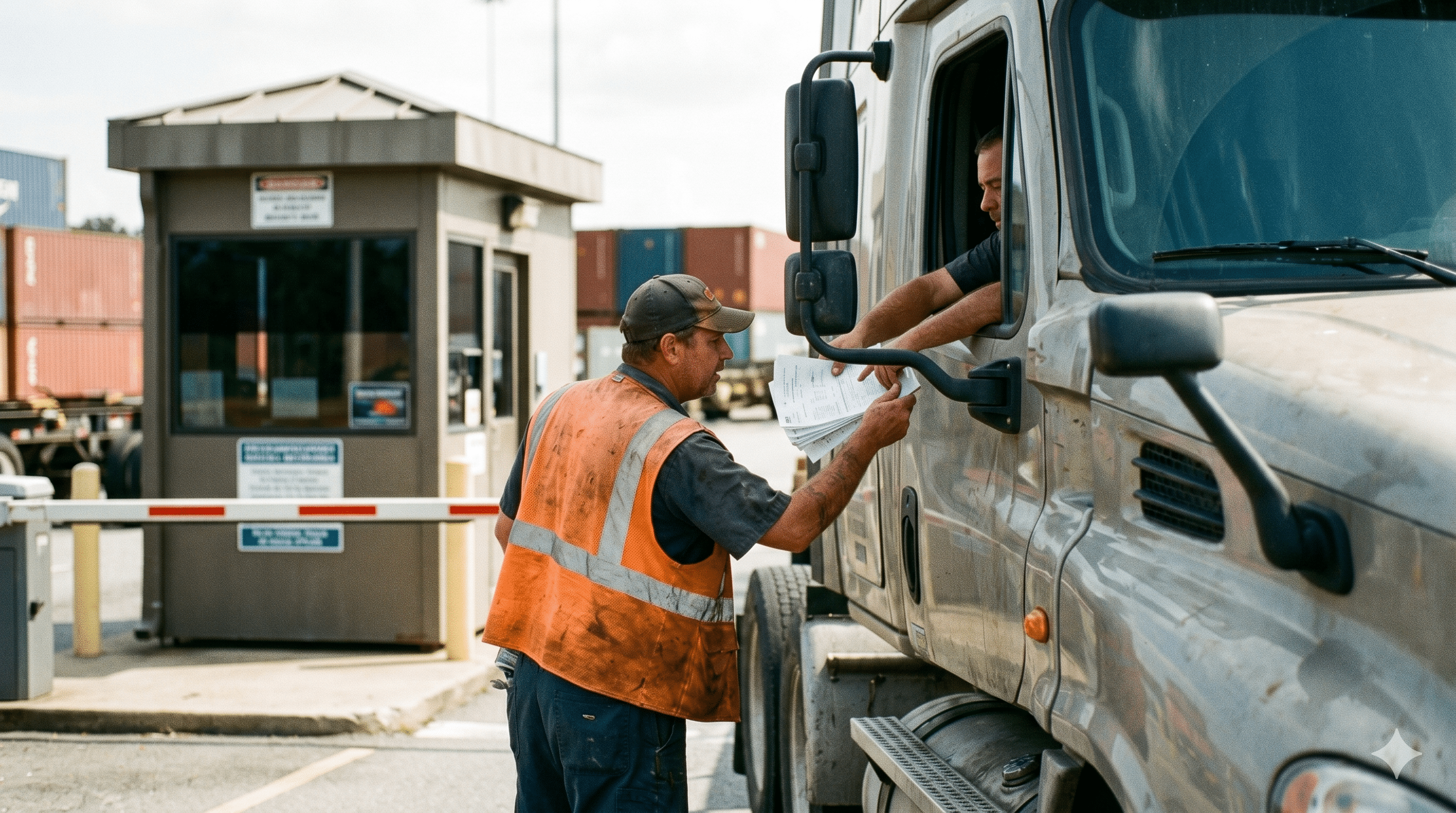 Gate worker in hi-vis vest receiving paperwork from truck driver at intermodal terminal entrance with shipping containers in background.